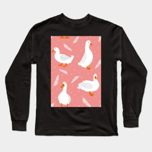 White Pekin Ducks with feathers and dots repeat pattern Long Sleeve T-Shirt